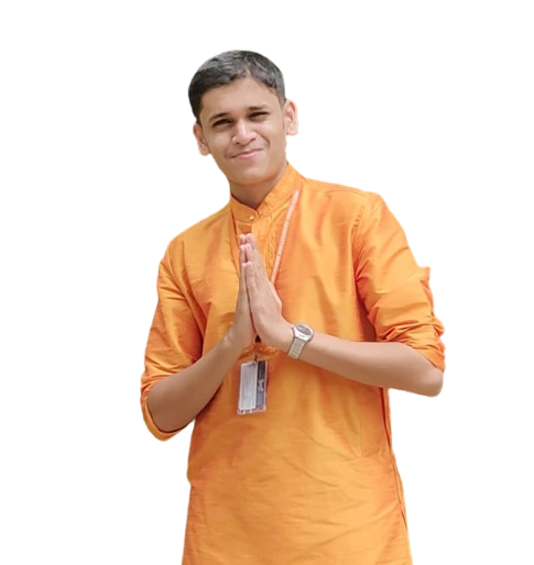Monish having his hands joint, wearing an orange kurta